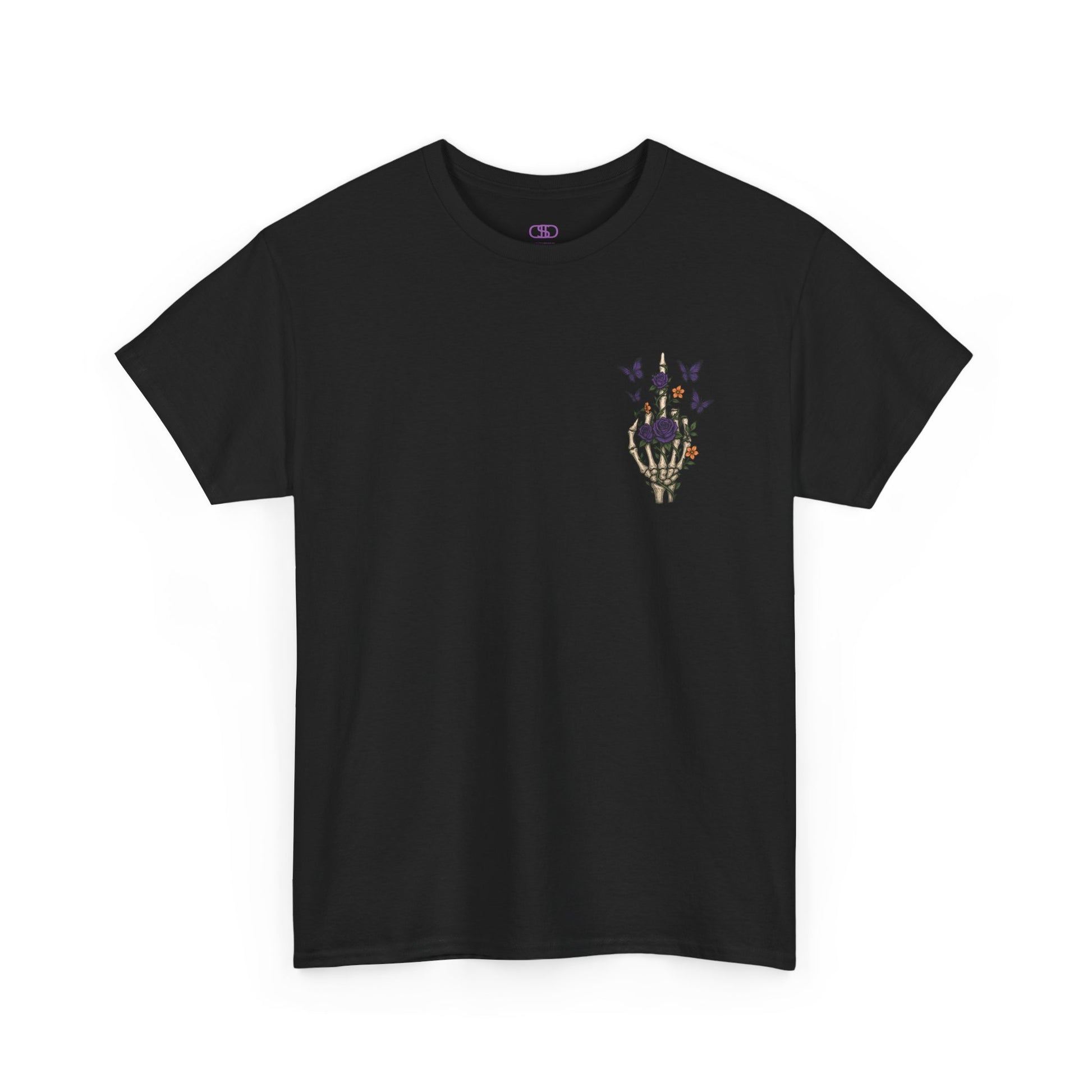 A black t-shirt with a skeleton hand flipping its middle finger on the front surrounded by vines, roses, & butterflies, and a full skeleton design on the back with the phrase “My Last Flying Fuck.”