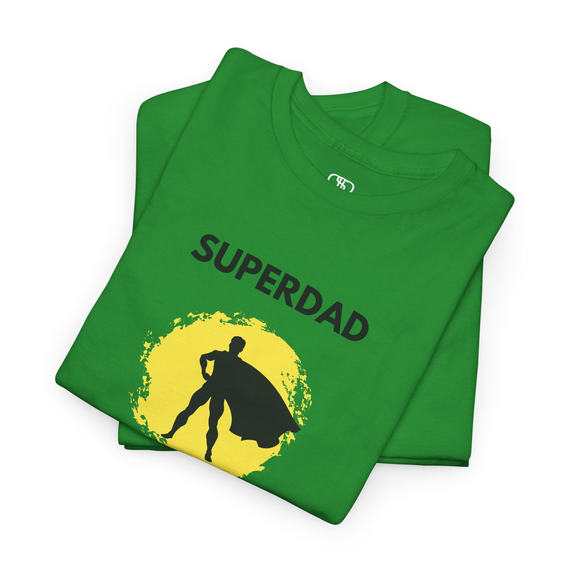 An Irish green T-shirt with a "Superdad" text and a silhouette of a person with a cape on a yellow circle background.