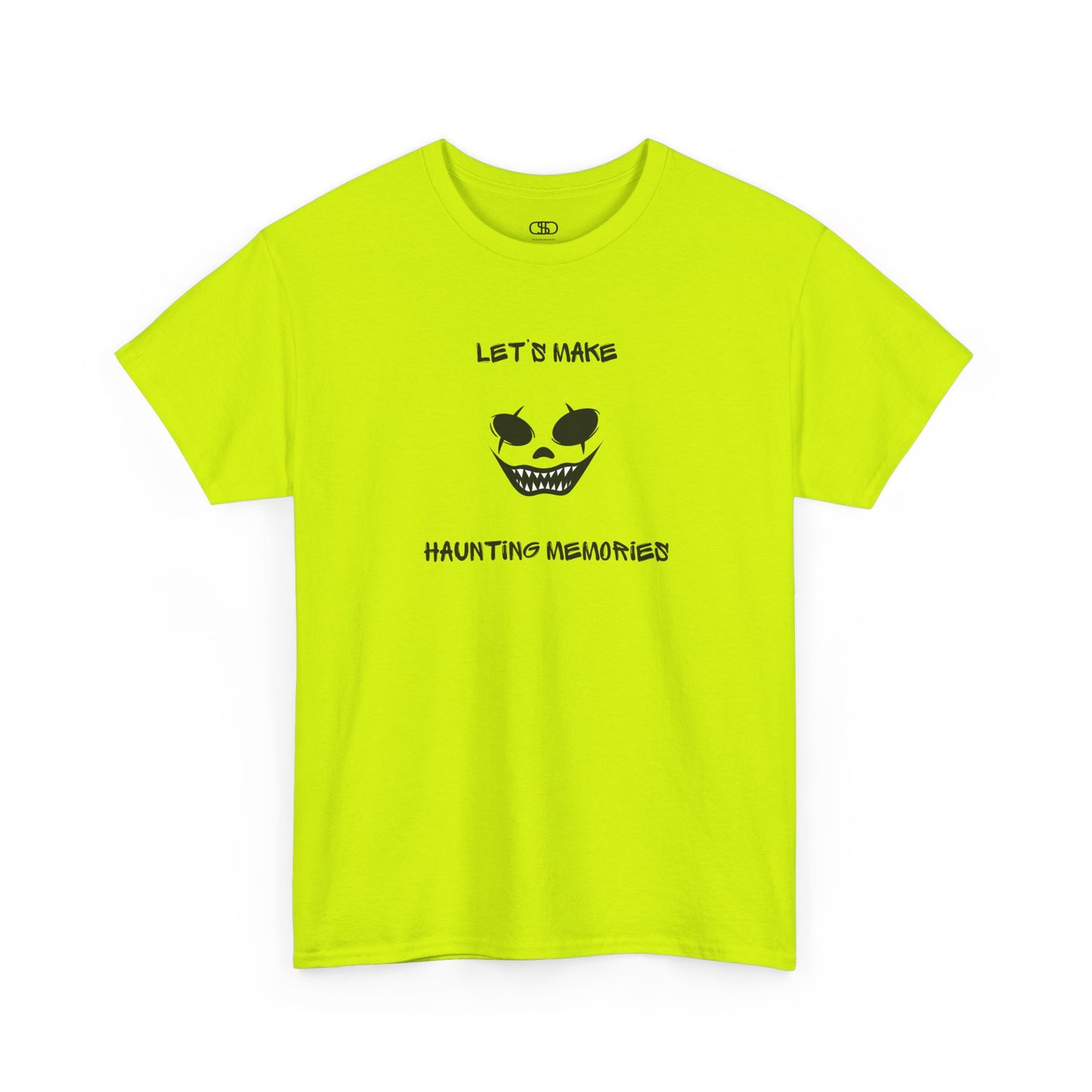 A SAFETY GREEN T-shirt with a daring clown graphic with sharp teeth and scars, and "Let’s Make Haunting Memories" text.
