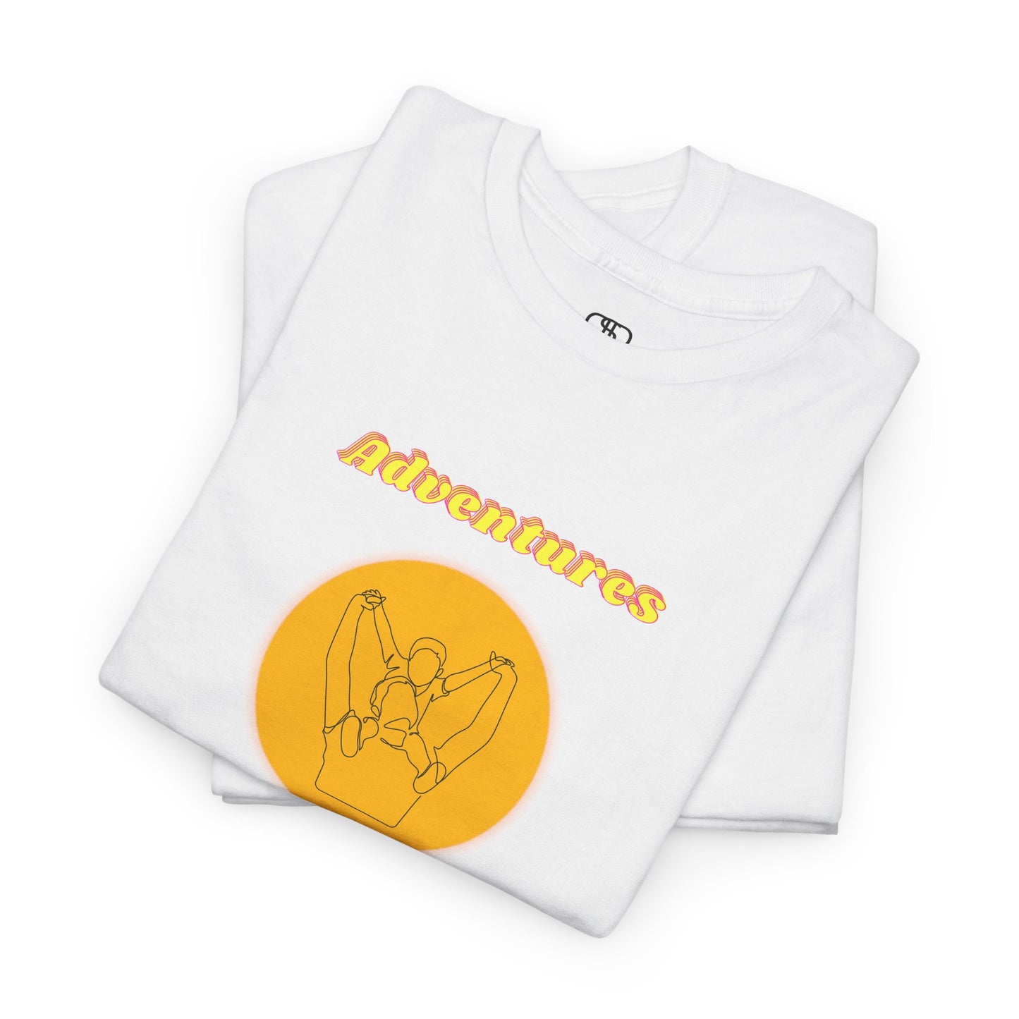 A Folded white T-shirt with a graphic of a dad holding a child's hands on their shoulders and "Adventures With Dad" text.
