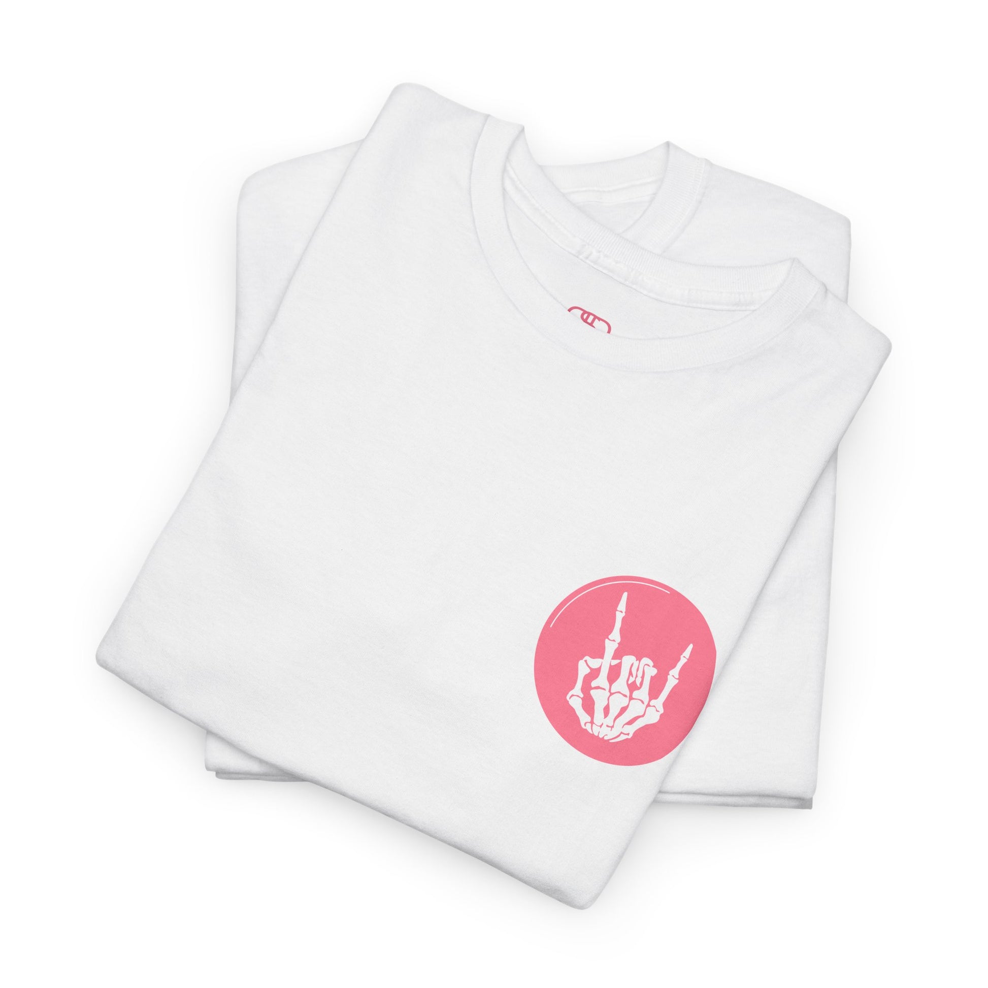 A folded white t-shirt with a skeletal hand in a bubble on the front and the phrase “Sorry you’re intimidated by my resting Bitch ace I’m actually a fucking delight” on the back.