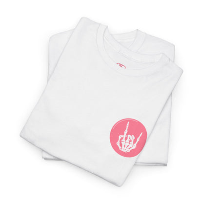 A folded white t-shirt with a skeletal hand in a bubble on the front and the phrase “Sorry you’re intimidated by my resting Bitch ace I’m actually a fucking delight” on the back.