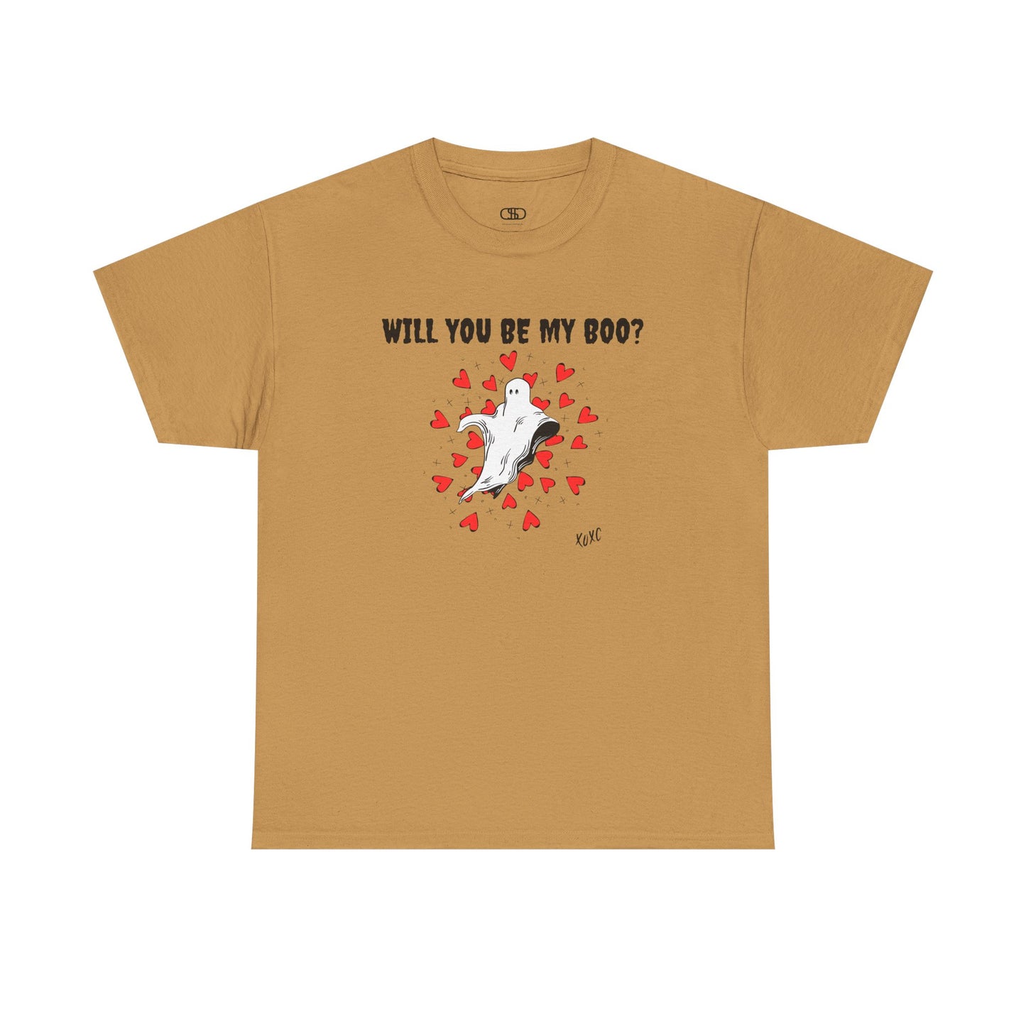  A t-shirt featuring a cute floating ghost surrounded by bursting hearts. At the top of the design, the text reads, "Will You Be my Boo?"