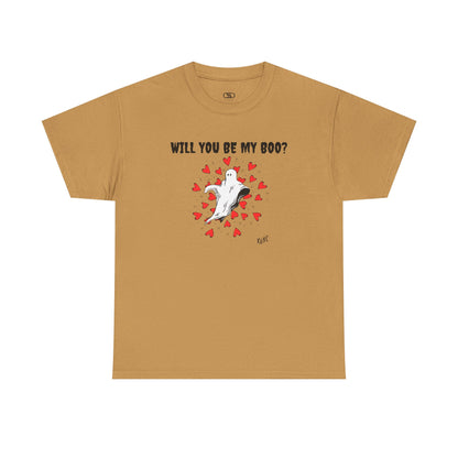  A t-shirt featuring a cute floating ghost surrounded by bursting hearts. At the top of the design, the text reads, "Will You Be my Boo?"