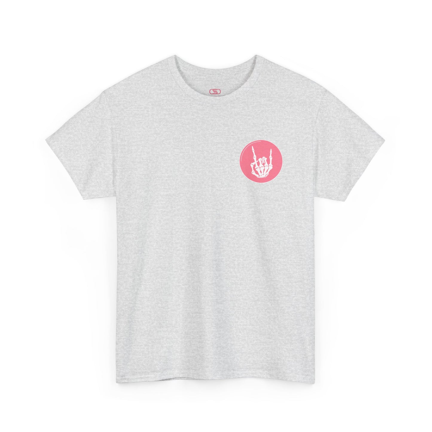 An ash gray t-shirt with a skeletal hand in a bubble on the front and the phrase “Sorry you’re intimidated by my resting Bitch ace I’m actually a fucking delight” on the back.