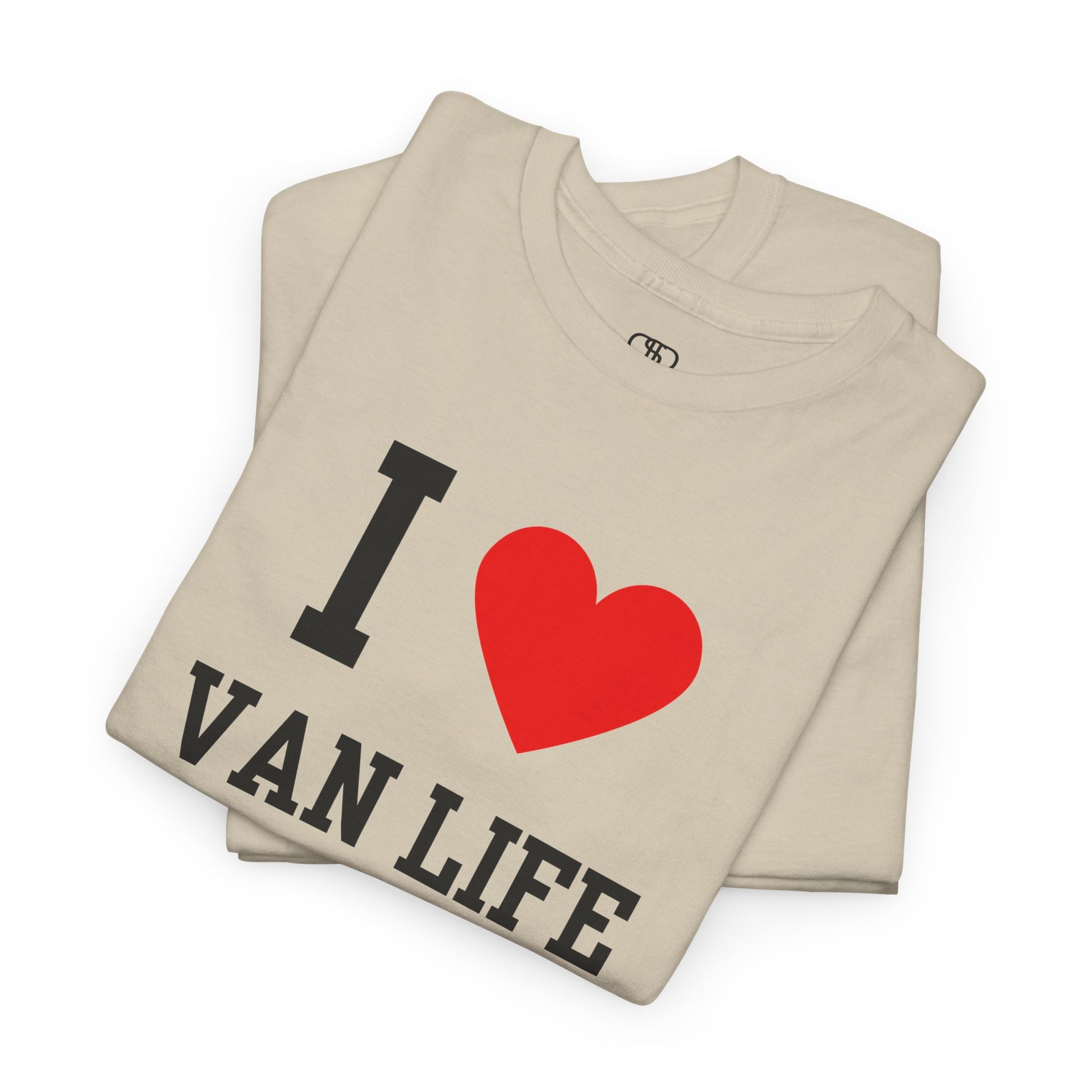 A FOLDED SAND t-shirt with 'I ❤️ Van Life' text on a white background