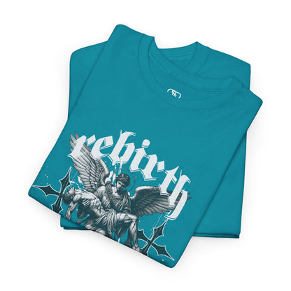 A folded sapphire blue T-shirt featuring a Angel carrying a figure with "Rebirth" text, white and black gothic spiritual art t-shirt.
