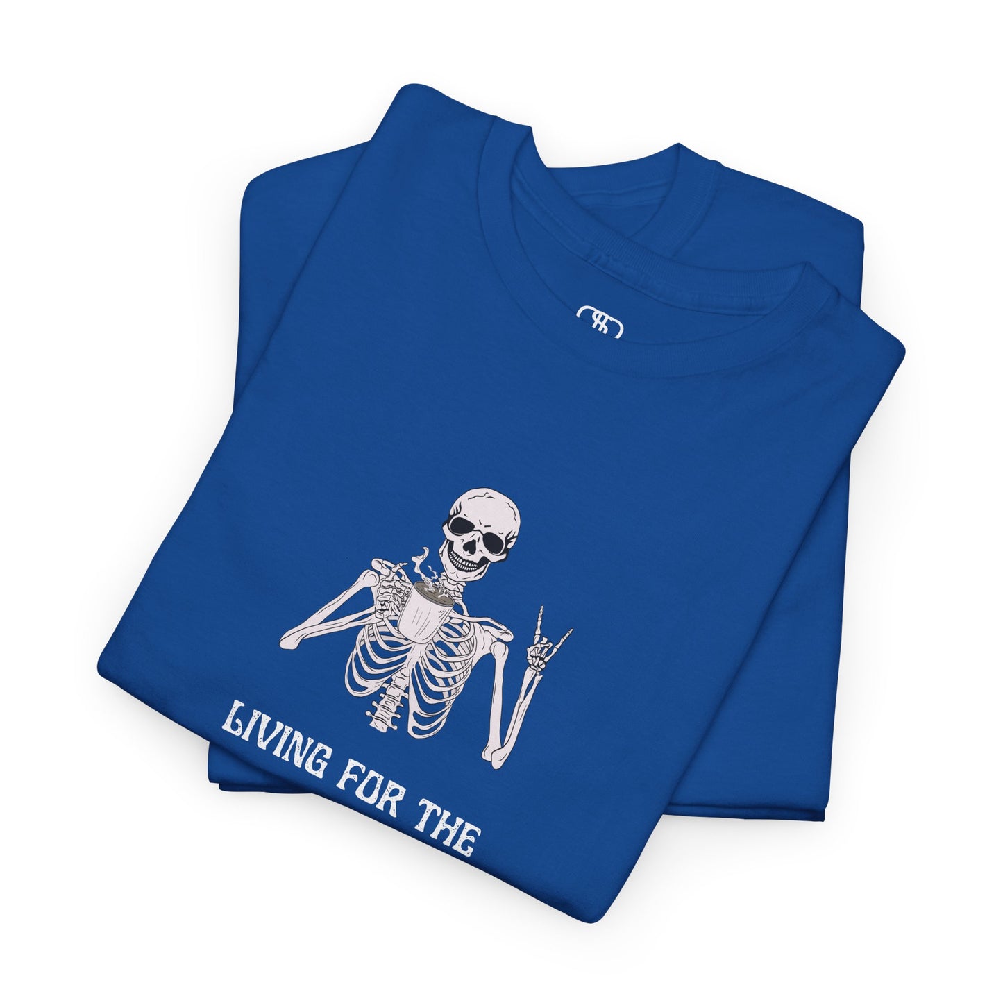 A folded Royal Blue T-shirt with a skeleton holding a hot coffee, displaying a rock hand symbol, and "Living For The Coffee" text.