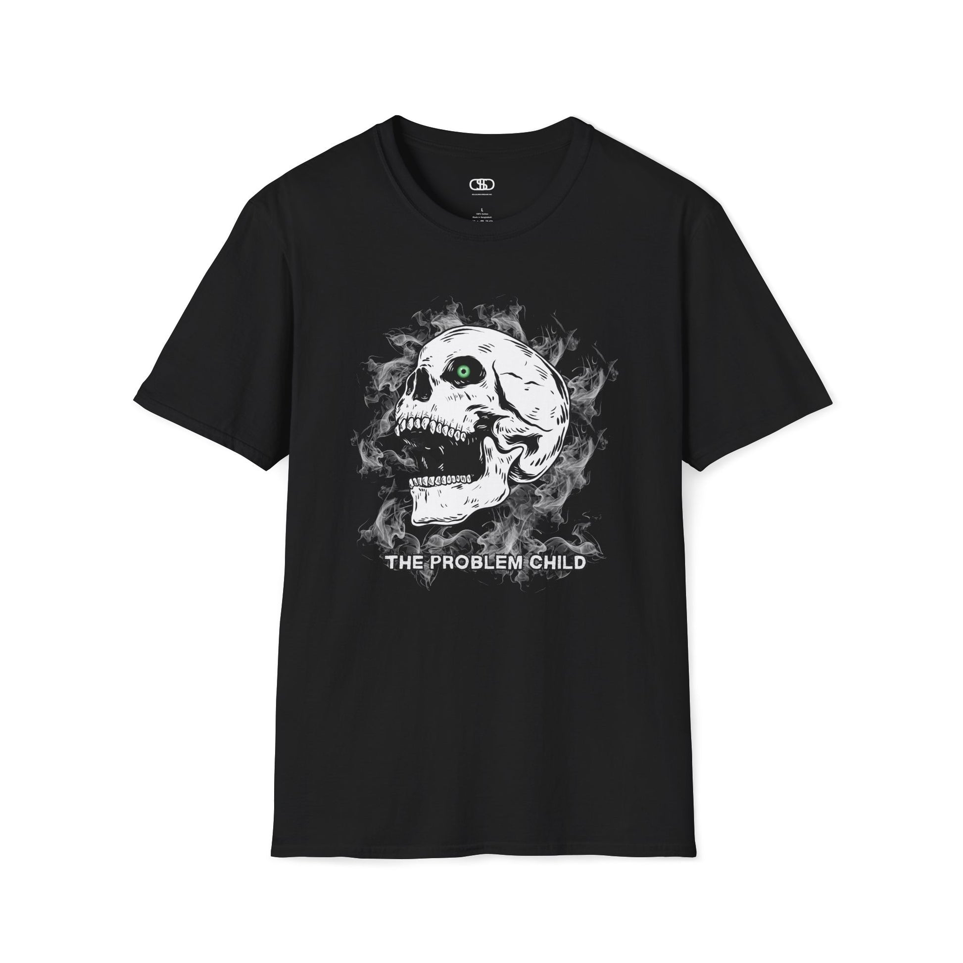 A t-shirt featuring a menacing skull with a glowing green eye, surrounded by smoke. Below it, the words "The Problem Child" are written in a distressed, grunge-style font.