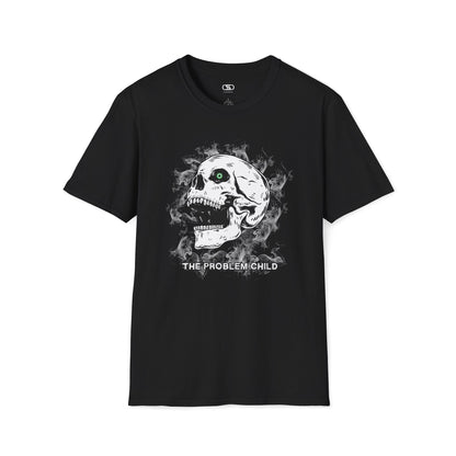 A t-shirt featuring a menacing skull with a glowing green eye, surrounded by smoke. Below it, the words "The Problem Child" are written in a distressed, grunge-style font.