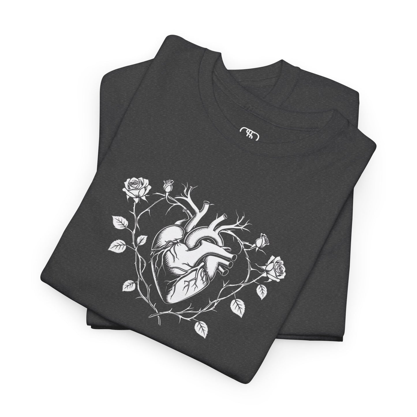 A folded dark heather t-shirt with a heart surrounded by thorn vines, red roses, and green leaves graphic.