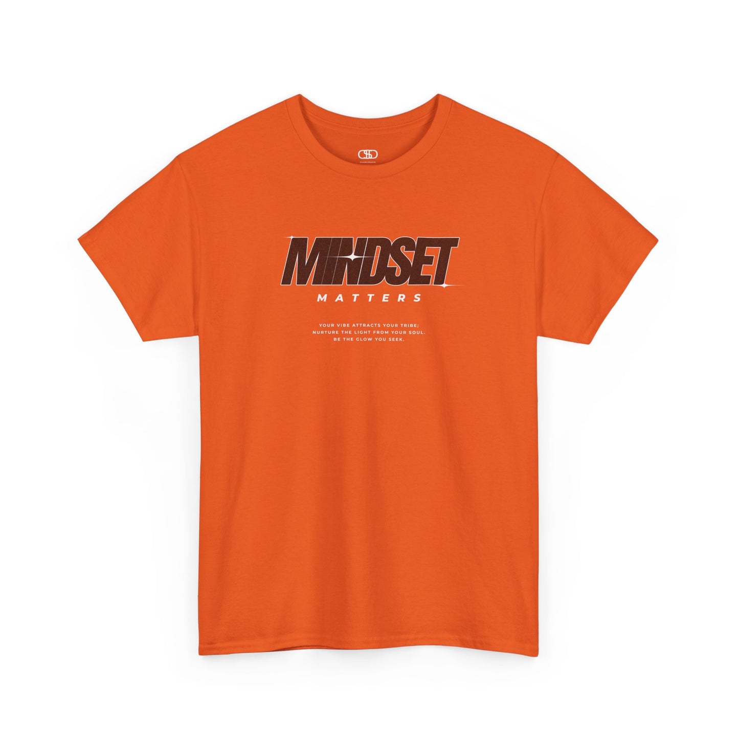 An orange T-shirt featuring text stating "Mindset Matters" text with stars on a t-shirt, inspirational quote below.