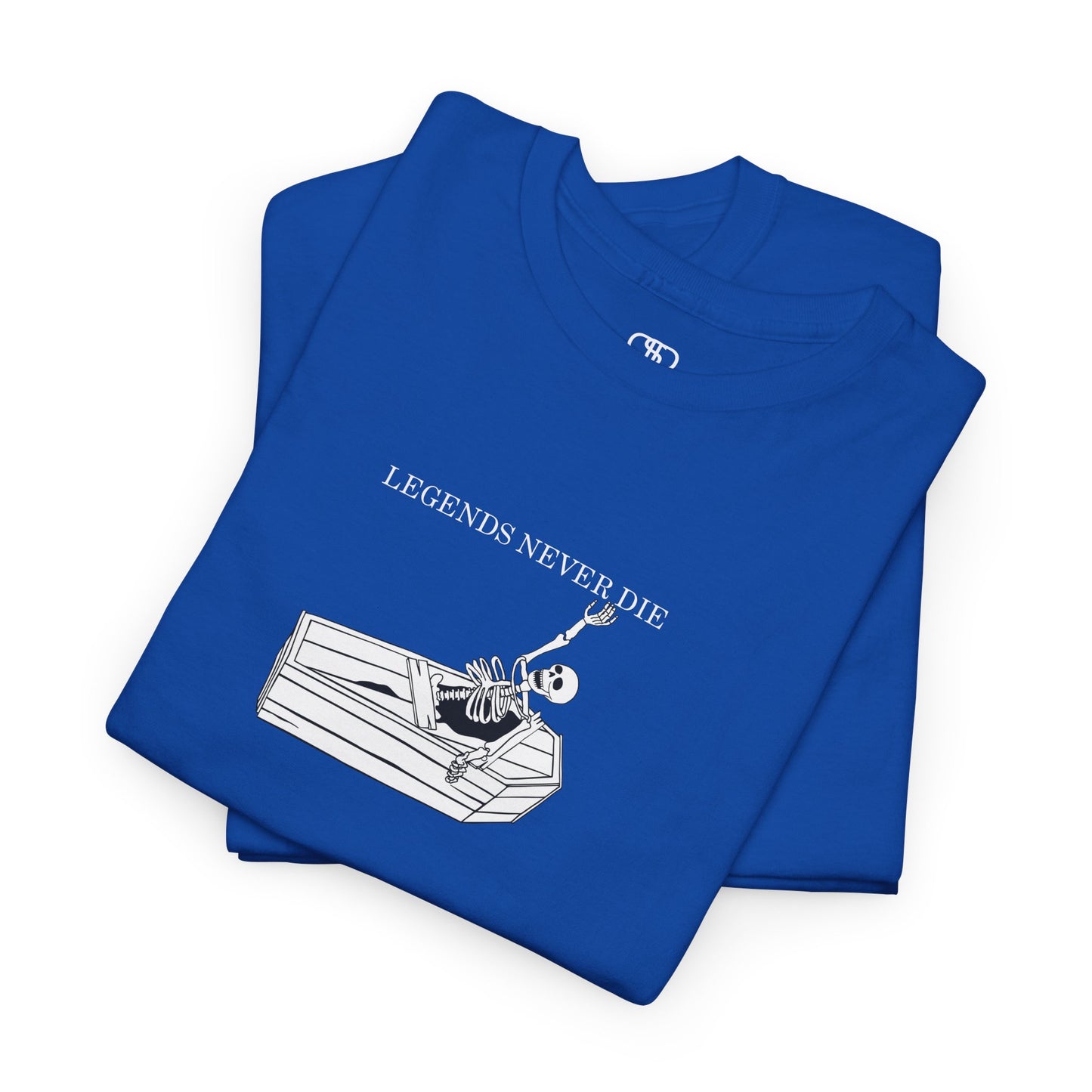 A folded neon blue T-shirt with a skeleton breaking free from a casket, reaching up towards "Legends Never Die" text.