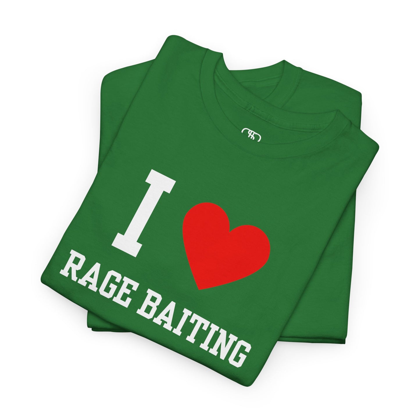 A folded irish green t-shirt featuring the classic "I Love" graphic style with the text "I," a red heart, and the words "Rage Baiting" below it.