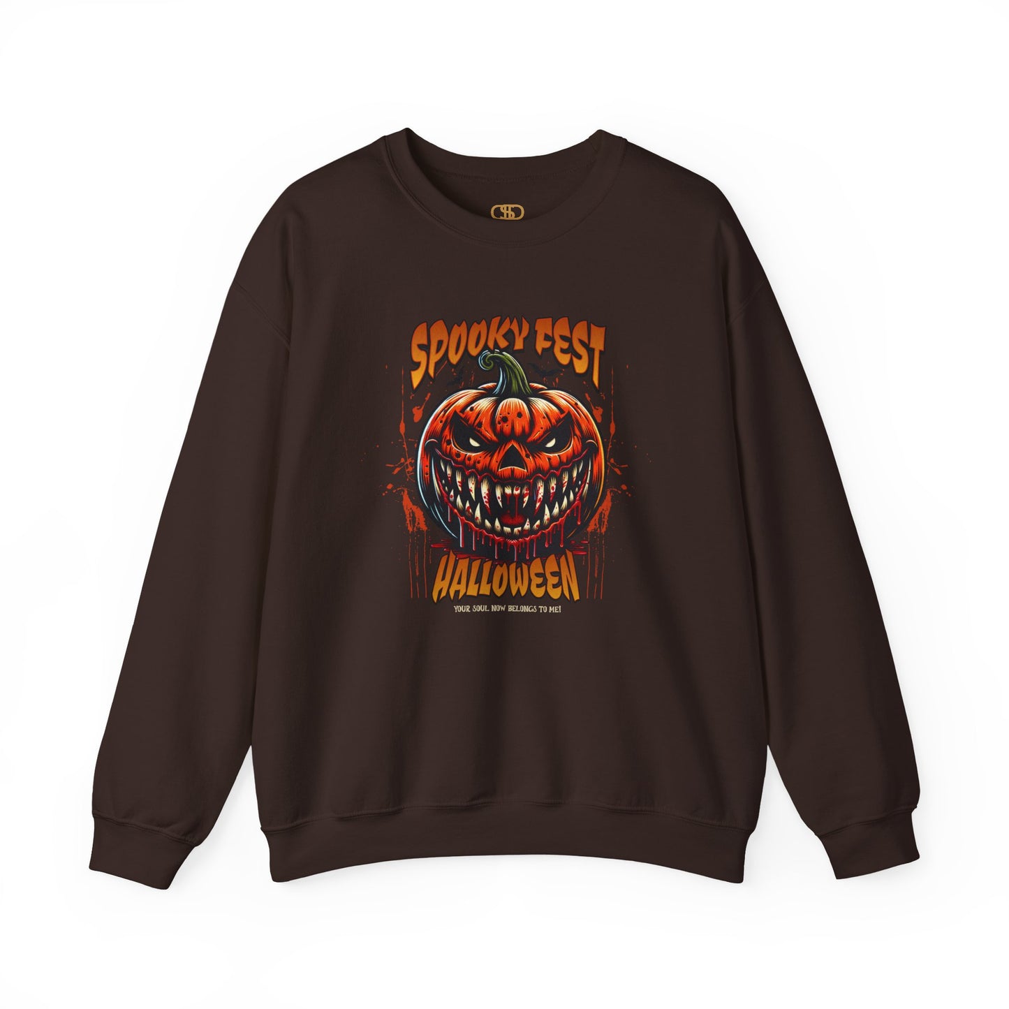 A dark brown sweater featuring a Scary fanged jack-o'-lantern with "Spooky Fest Halloween Your Soul Now Belongs To Me!" text, orange and black horror sweatshirt.