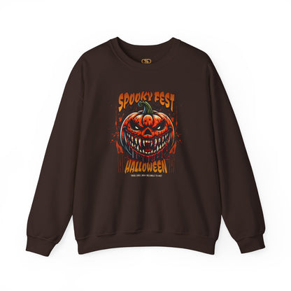 A dark brown sweater featuring a Scary fanged jack-o'-lantern with "Spooky Fest Halloween Your Soul Now Belongs To Me!" text, orange and black horror sweatshirt.