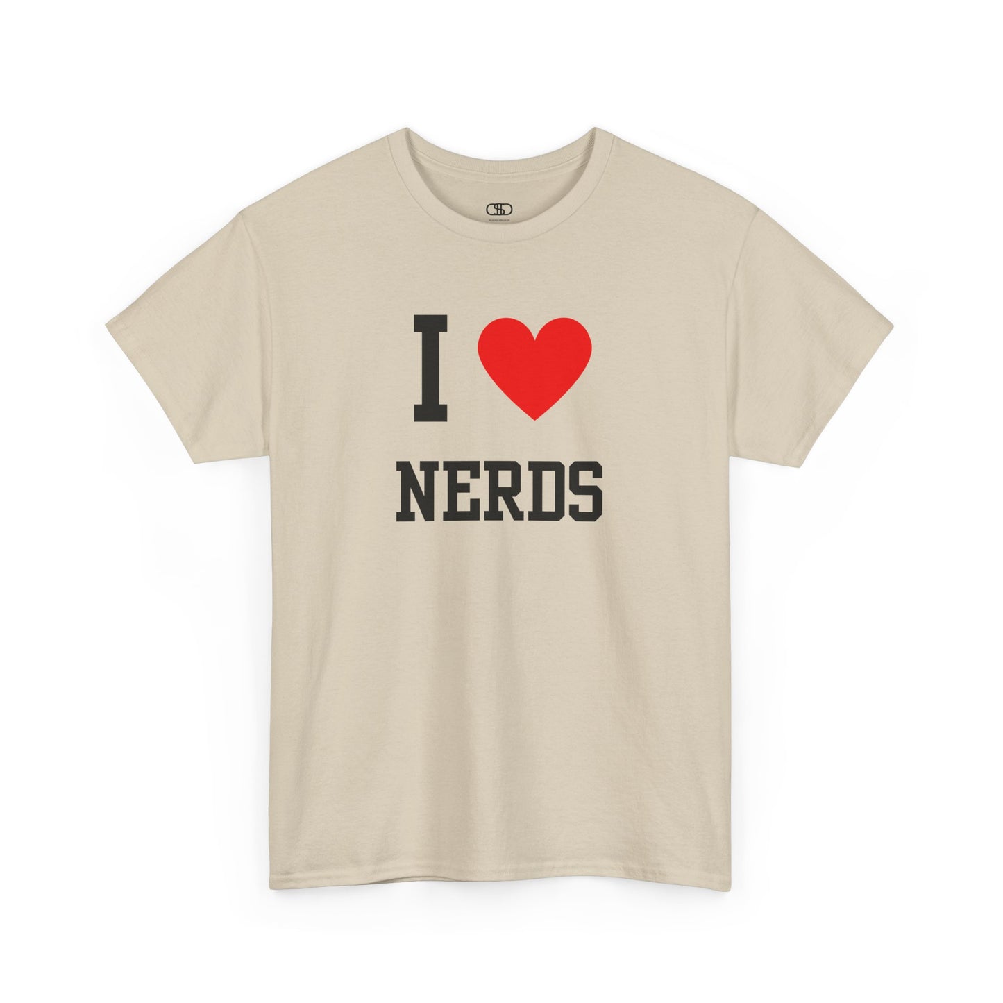 Beige t-shirt with 'I ❤️ NERDS' text on a white background