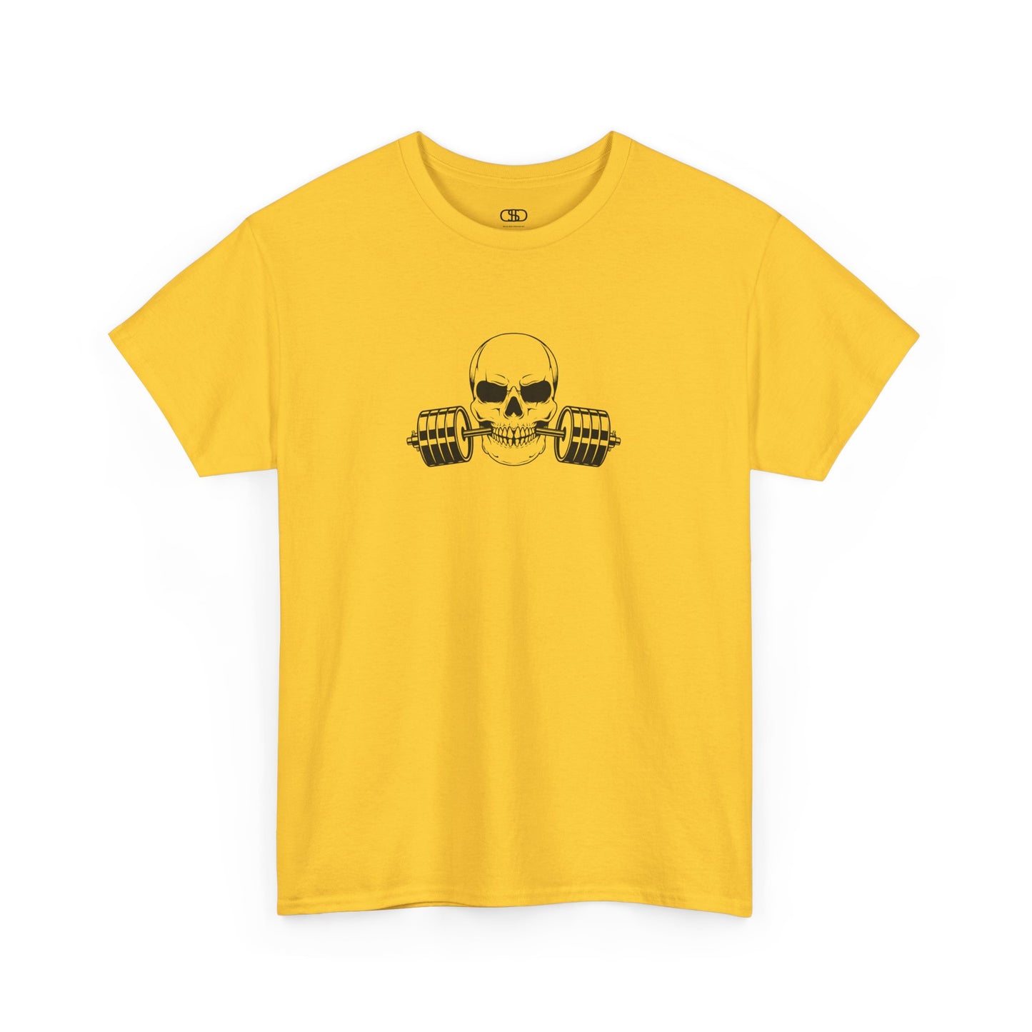 A t-shirt in [daisy in color] with a skull biting a barbell.