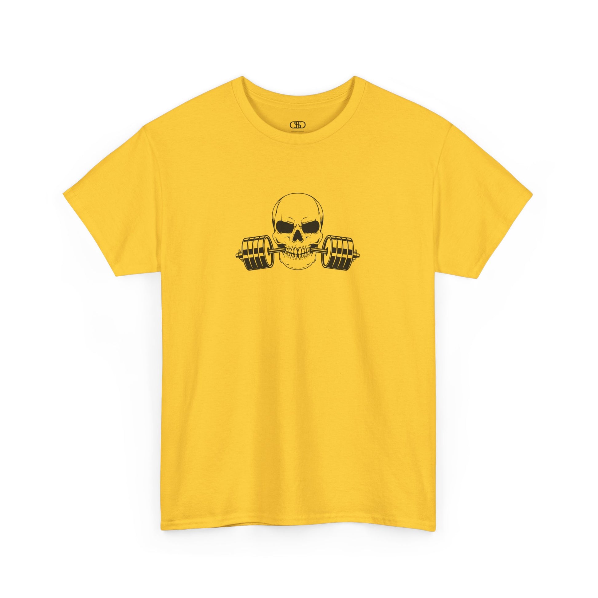 A t-shirt in [daisy in color] with a skull biting a barbell.