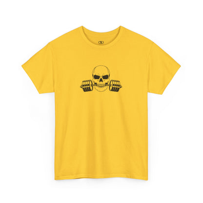 A t-shirt in [daisy in color] with a skull biting a barbell.
