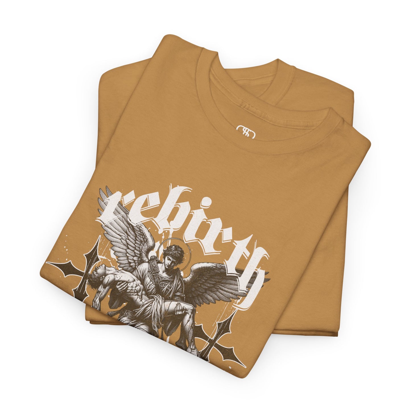 A folded old gold T-shirt featuring a Angel carrying a figure with "Rebirth" text, white and black gothic spiritual art t-shirt.