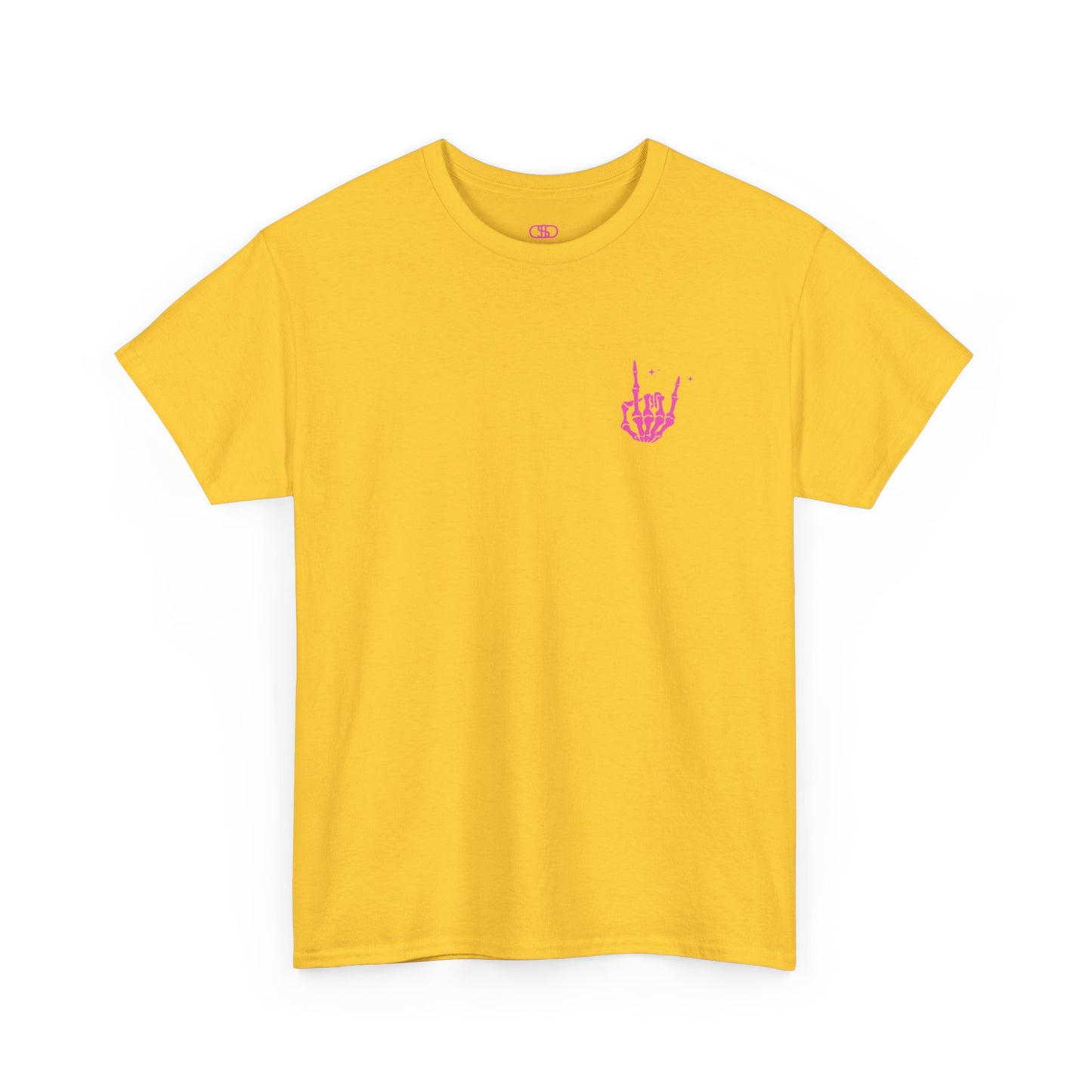 A daisy t-shirt with a skeletal rock hand on the front and a melting emoji with the phrase “I match energy So ho we gon’ Act Today?” on the back.
