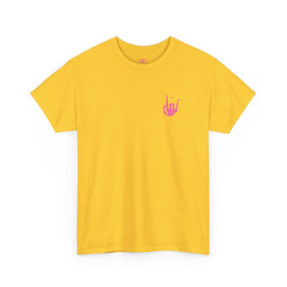 A daisy t-shirt with a skeletal rock hand on the front and a melting emoji with the phrase “I match energy So ho we gon’ Act Today?” on the back.