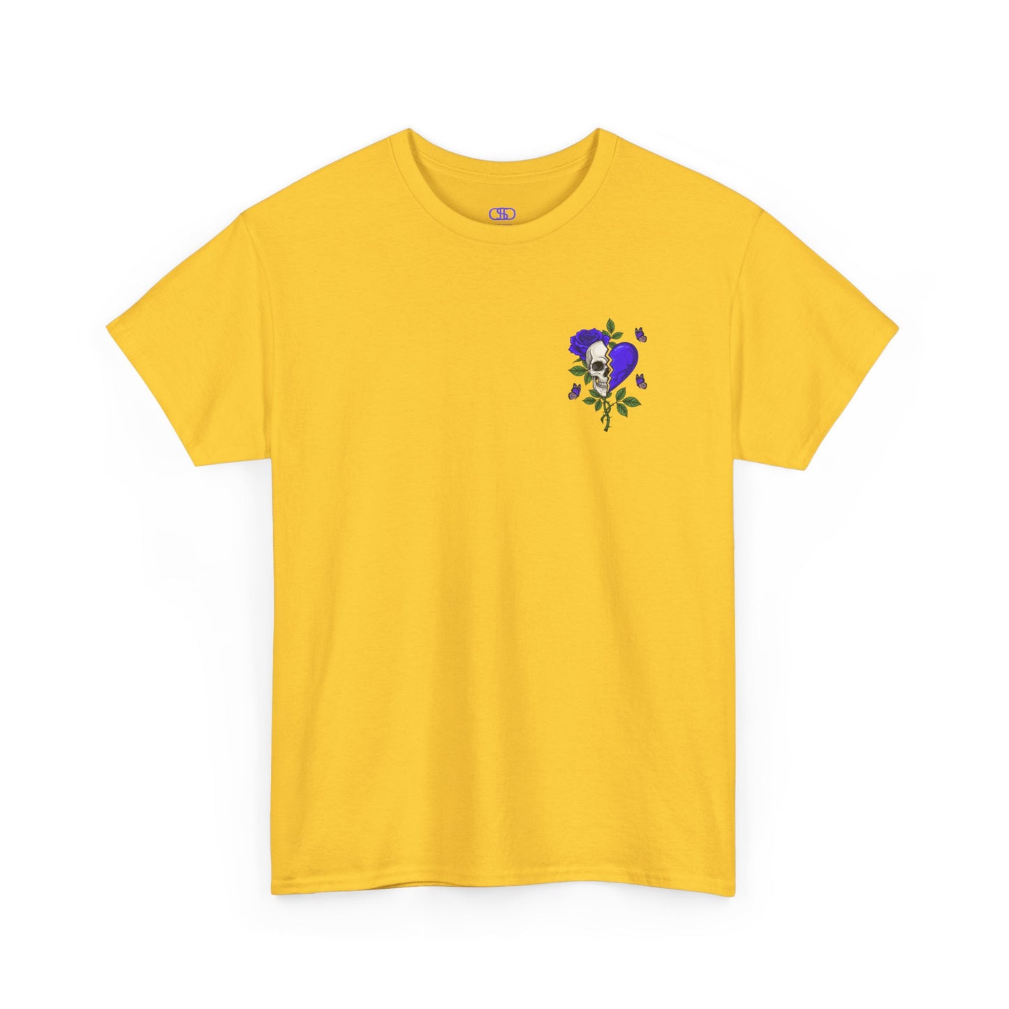 A daisy t-shirt with a front design of a half skull, half broken purple heart, and a rose. The back reads "Gym Heals" along with a similar design found on the front.