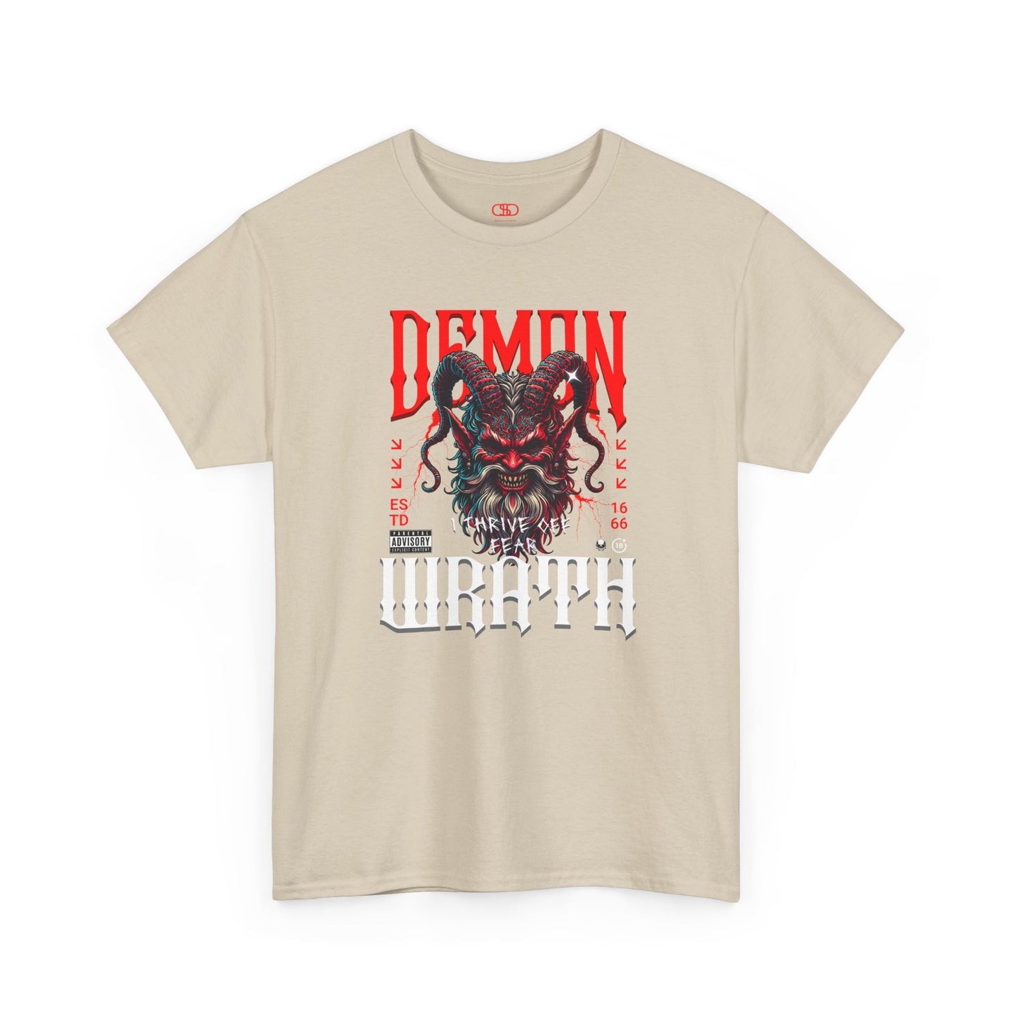 A sand t-shirt featuring a Red horned demon head with "Demon Wrath" text and lightning, gothic horror t-shirt design