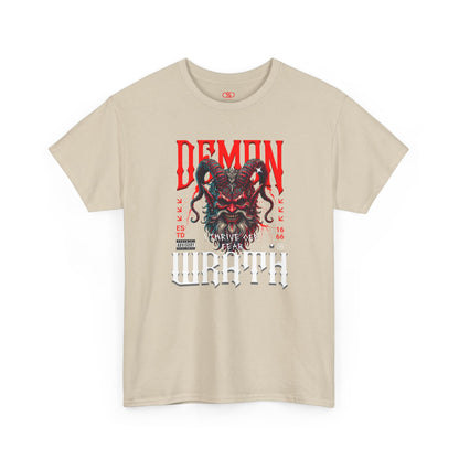 A sand t-shirt featuring a Red horned demon head with "Demon Wrath" text and lightning, gothic horror t-shirt design