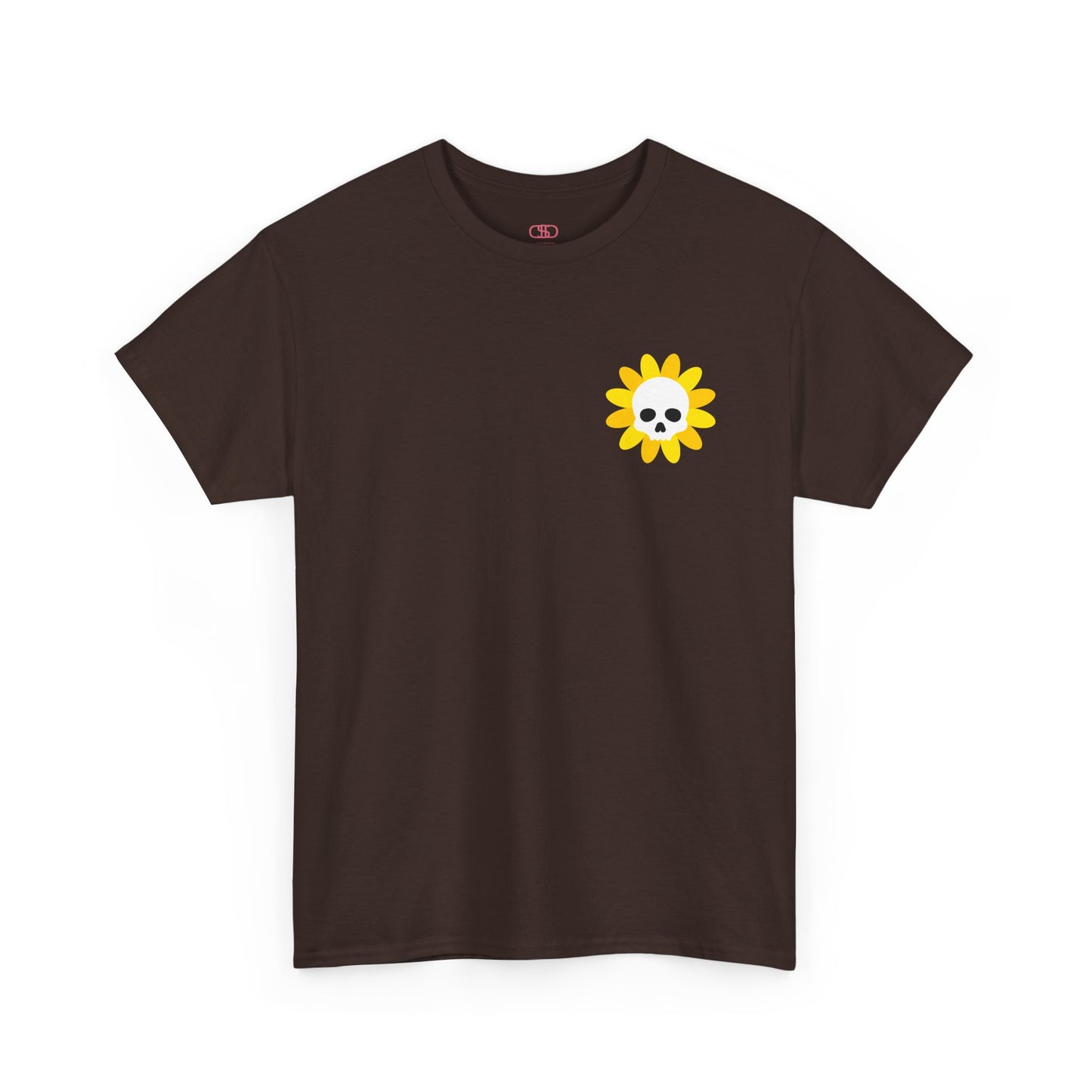 A [dark brown] t-shirt featuring a sunflower with a skull at its center on the front and the words “i COULD DEADLIFT YOU” in a retro font on the back.