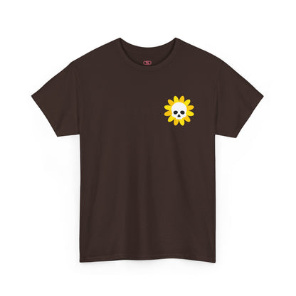 A [dark brown] t-shirt featuring a sunflower with a skull at its center on the front and the words “i COULD DEADLIFT YOU” in a retro font on the back.
