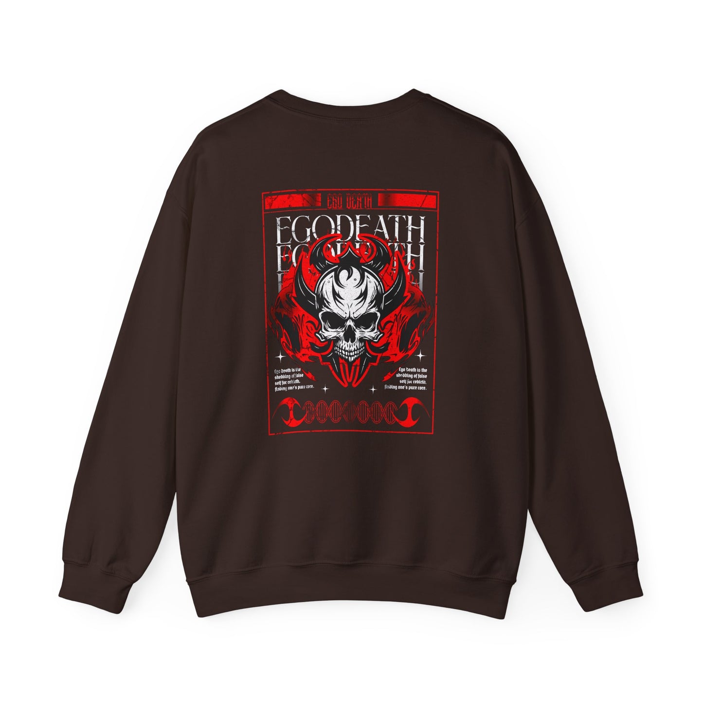 A Dark Brown Sweater with a gothic skull design, red ghostly aura, and "Ego Death" text for spiritual rebirth.