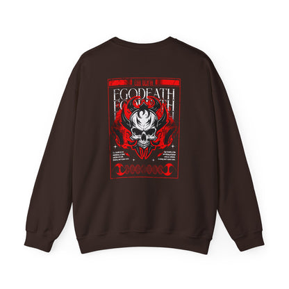 A Dark Brown Sweater with a gothic skull design, red ghostly aura, and "Ego Death" text for spiritual rebirth.