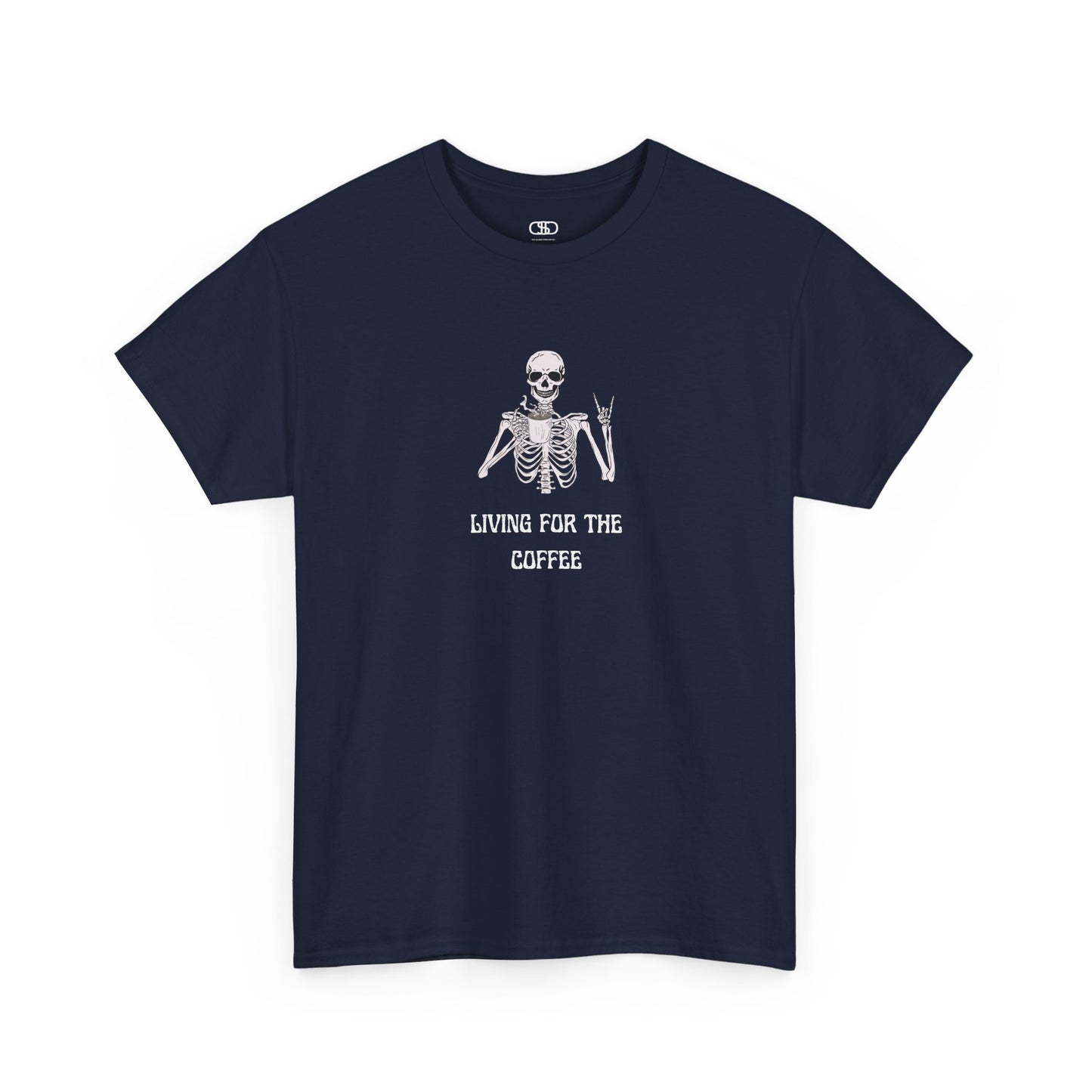 A navy T-shirt with a skeleton holding a hot coffee, displaying a rock hand symbol, and "Living For The Coffee" text.
