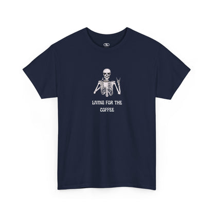A navy T-shirt with a skeleton holding a hot coffee, displaying a rock hand symbol, and "Living For The Coffee" text.
