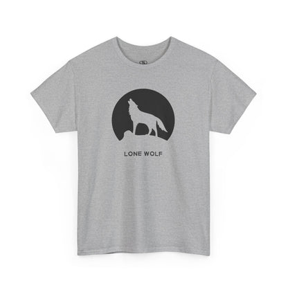 Graphic t-shirt with a black silhouette of a wolf howling on a mountain peak, with the words 'lone wolf' underneath.