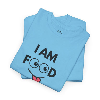 An sky blue folded T-shirt with "I AM FOOD" text, where the 'OO' are cartoon eyes, and a tongue-out graphic.