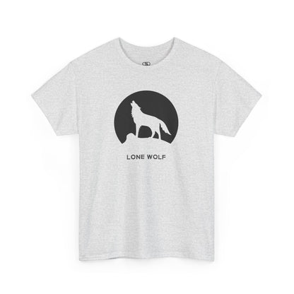 Graphic t-shirt with a black silhouette of a wolf howling on a mountain peak, with the words 'lone wolf' underneath.