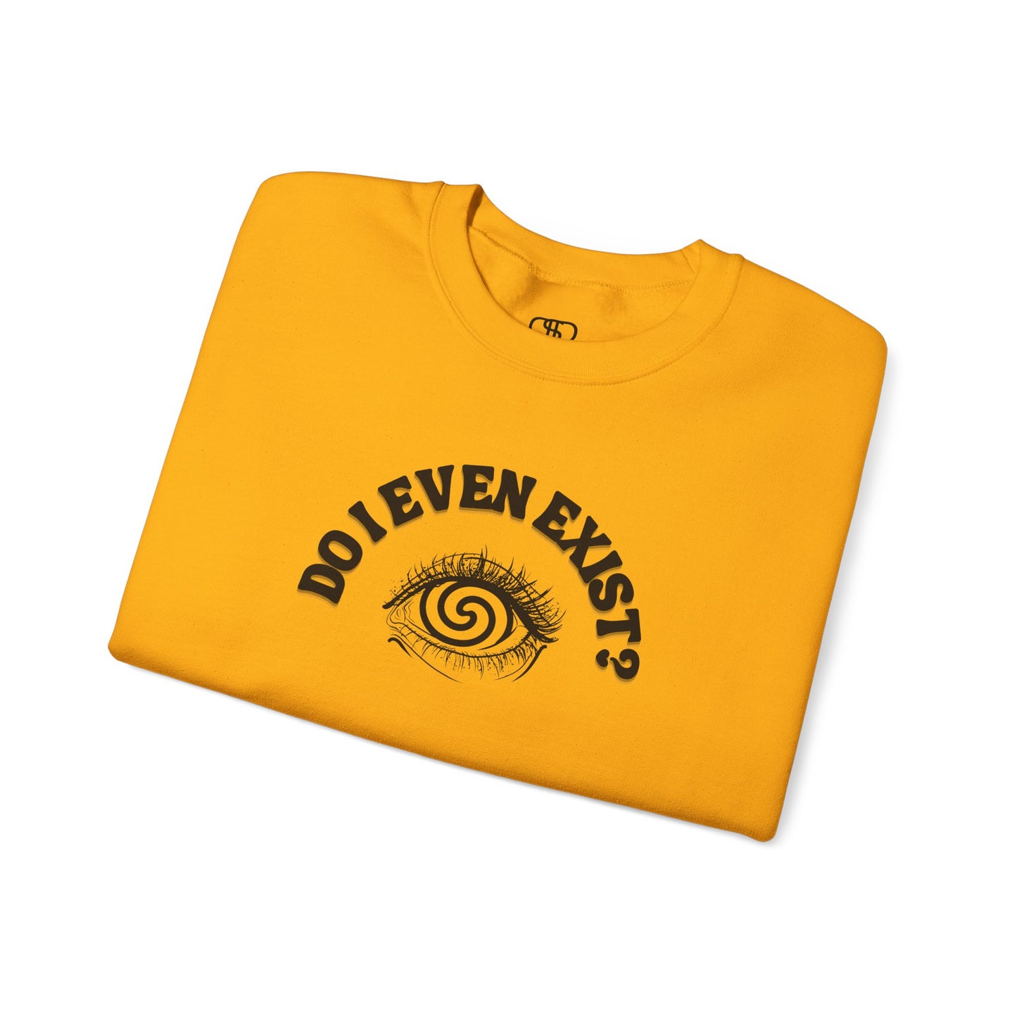 A sweatshirt with a graphic print of a detailed, realistic eye that contains an optical illusion of a spiral. The text "Do I even Exist?" is printed above the eye in a clean font.