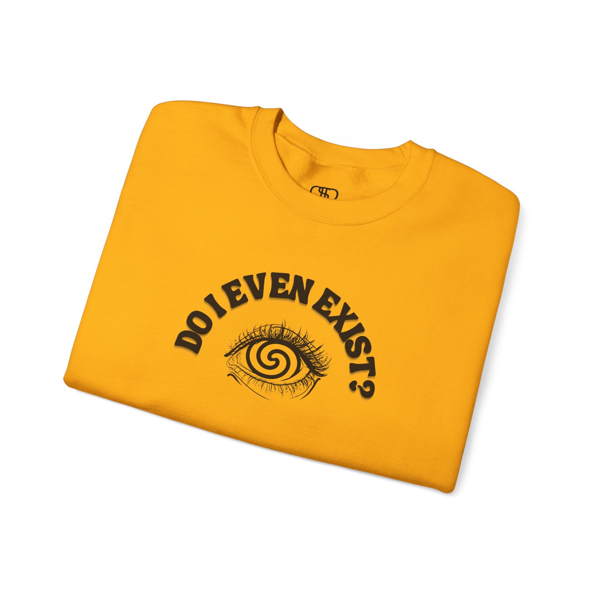 A sweatshirt with a graphic print of a detailed, realistic eye that contains an optical illusion of a spiral. The text "Do I even Exist?" is printed above the eye in a clean font.