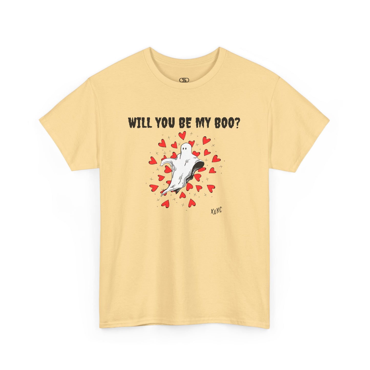  A t-shirt featuring a cute floating ghost surrounded by bursting hearts. At the top of the design, the text reads, "Will You Be my Boo?"
