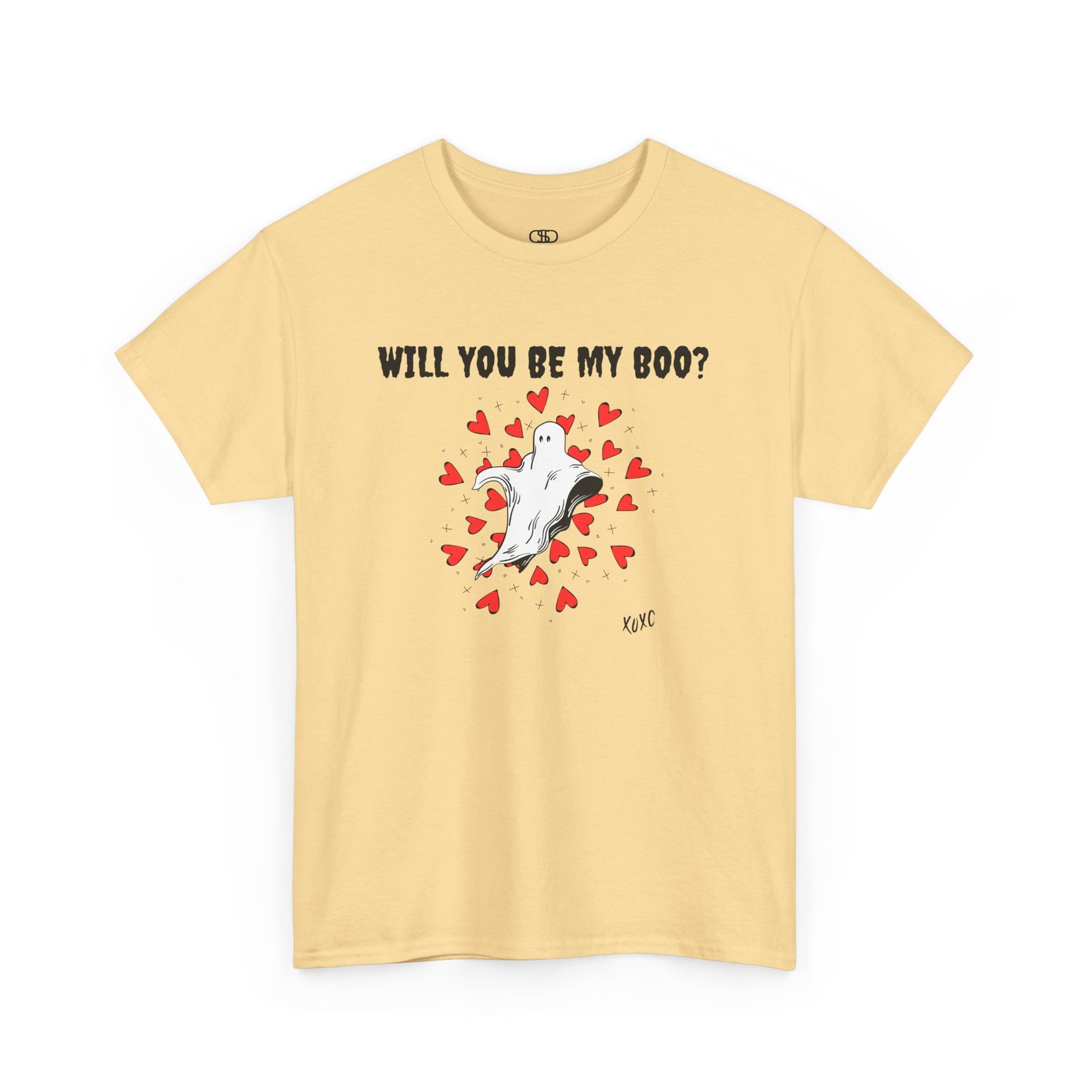  A t-shirt featuring a cute floating ghost surrounded by bursting hearts. At the top of the design, the text reads, "Will You Be my Boo?"