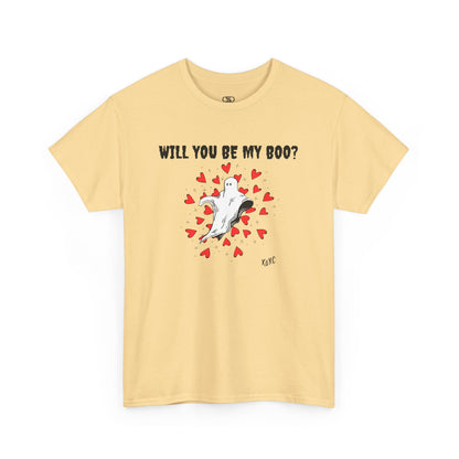  A t-shirt featuring a cute floating ghost surrounded by bursting hearts. At the top of the design, the text reads, "Will You Be my Boo?"