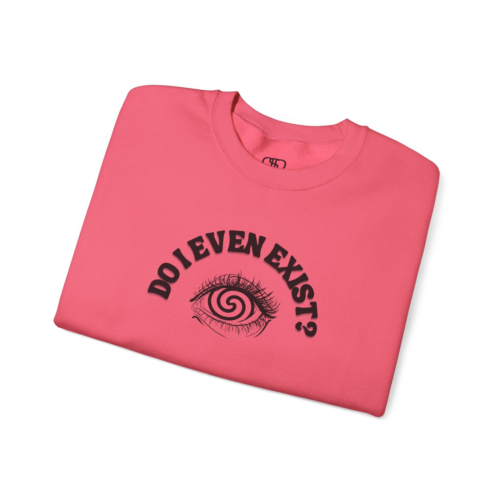 A sweatshirt with a graphic print of a detailed, realistic eye that contains an optical illusion of a spiral. The text "Do I even Exist?" is printed above the eye in a clean font.