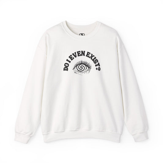 A white sweatshirt with a graphic print of a detailed, realistic eye that contains an optical illusion of a spiral. The text "Do I even Exist?" is printed below the eye in a clean, sans-serif font.