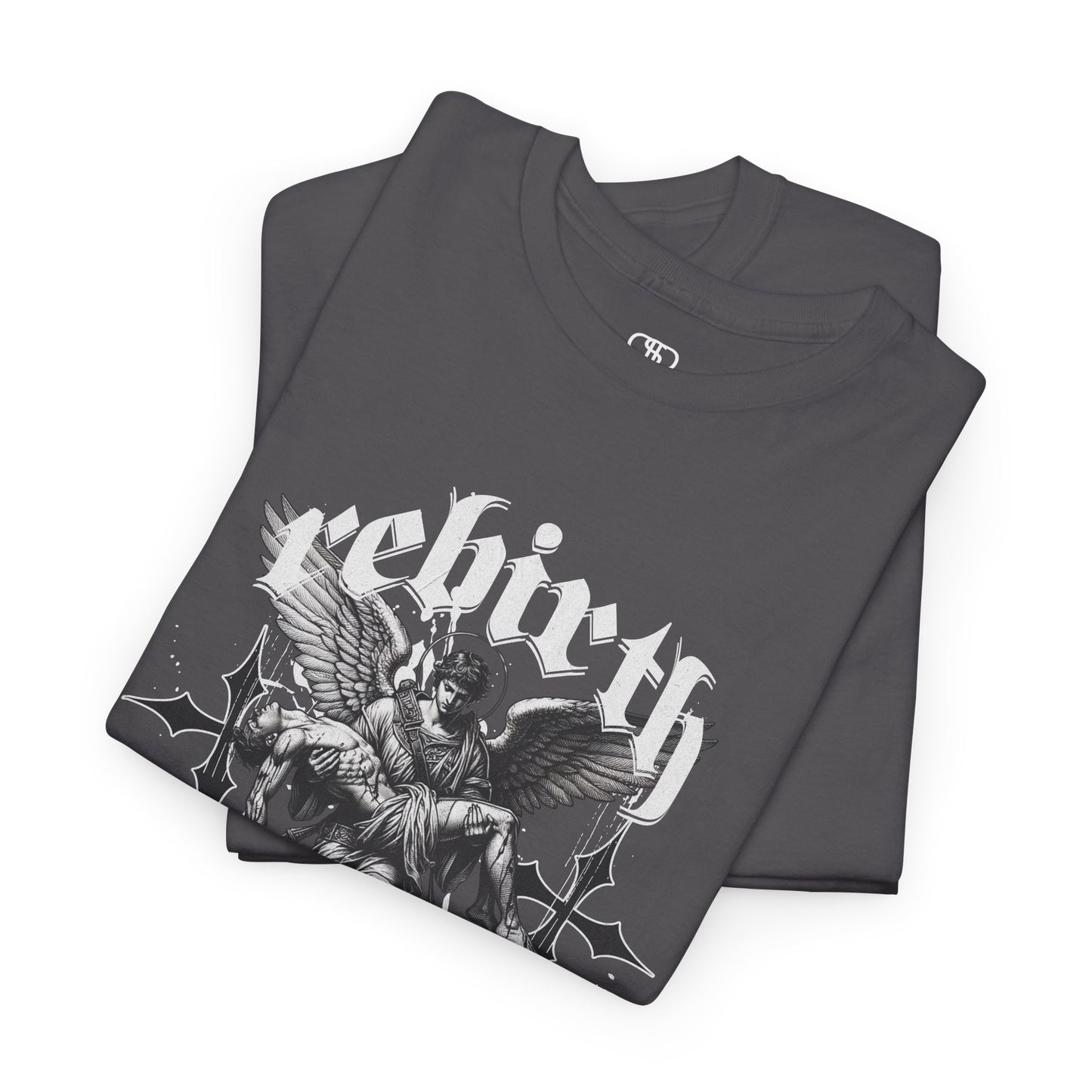 A folded charcoal  T-shirt featuring a Angel carrying a figure with "Rebirth" text, white and black gothic spiritual art t-shirt.