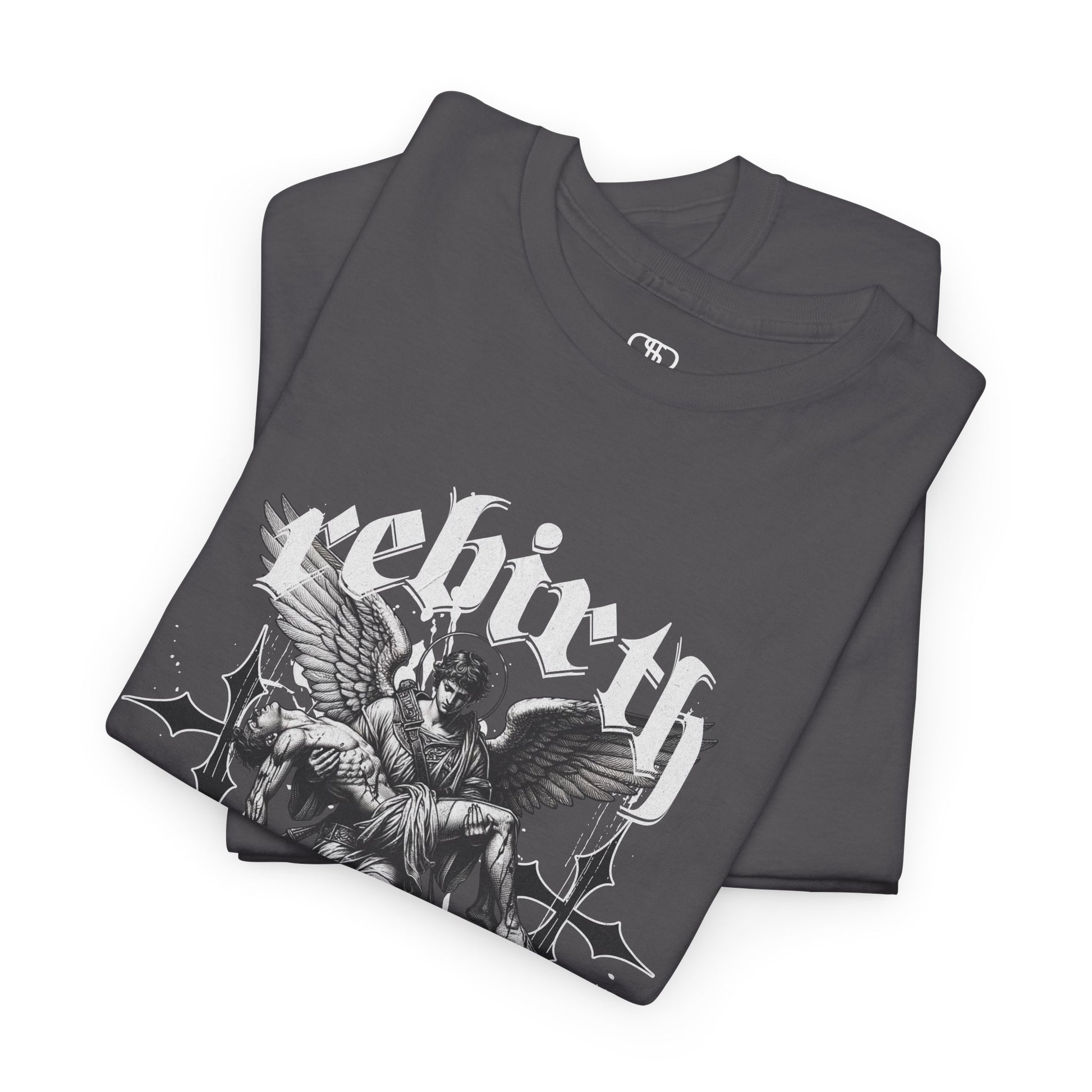 A folded charcoal  T-shirt featuring a Angel carrying a figure with "Rebirth" text, white and black gothic spiritual art t-shirt.