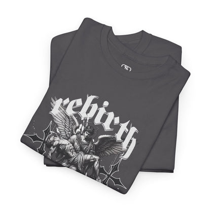 A folded charcoal  T-shirt featuring a Angel carrying a figure with "Rebirth" text, white and black gothic spiritual art t-shirt.