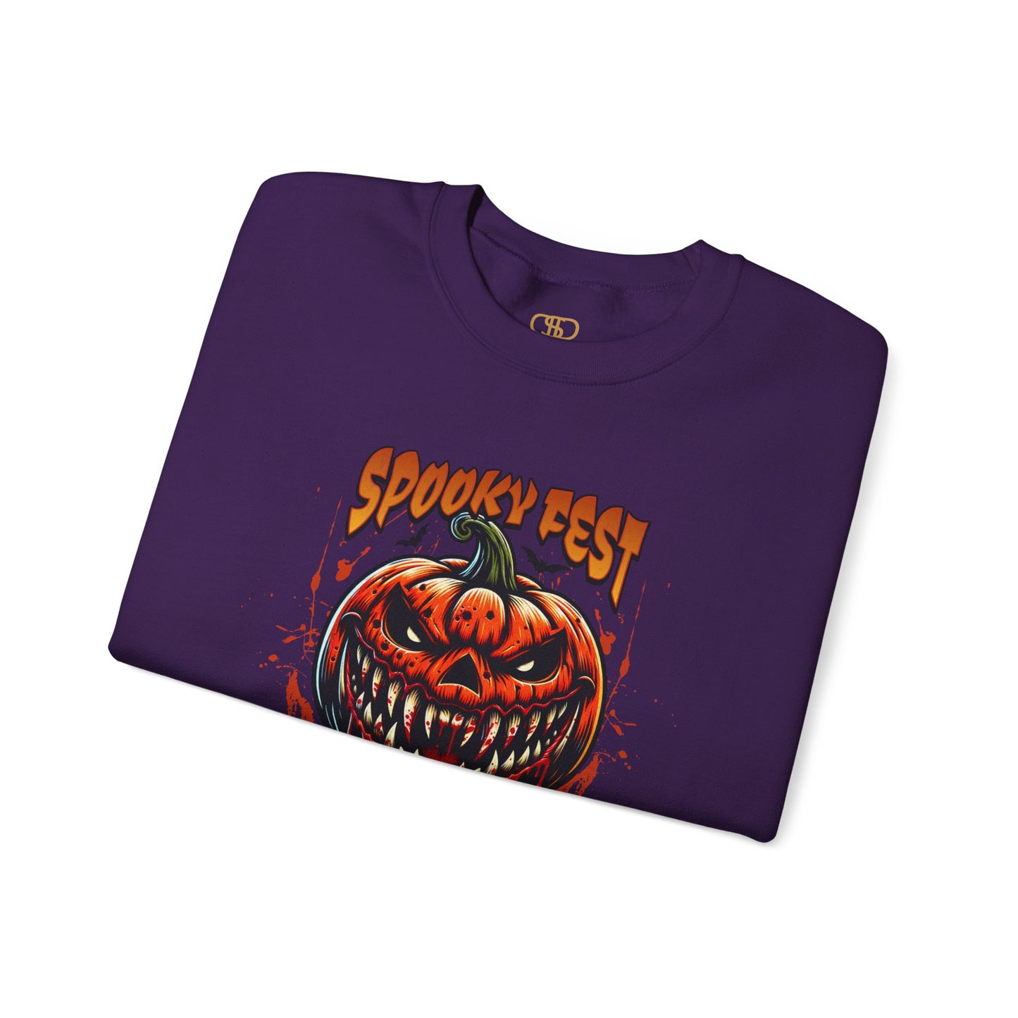 A folded purple sweater featuring a Scary fanged jack-o'-lantern with "Spooky Fest Halloween Your Soul Now Belongs To Me!" text, orange and black horror sweatshirt.